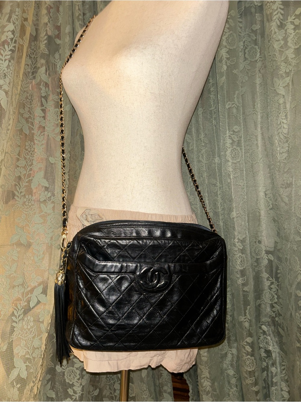 Vintage Chanel Black Quilted Leather Camera Bag with Chain Strap Fringe 24k Gold